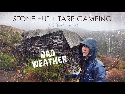 Wind &amp; Rain Camping in Tiny Stone Hut with Tarp for Roof.. Attempt #3