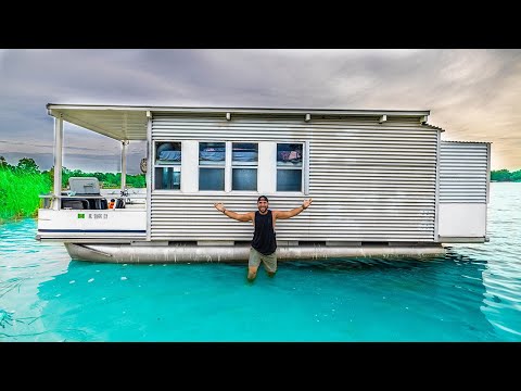 24hr FLOATING TINY HOME Catch &amp; Cook CHALLENGE!!! (hot shower)
